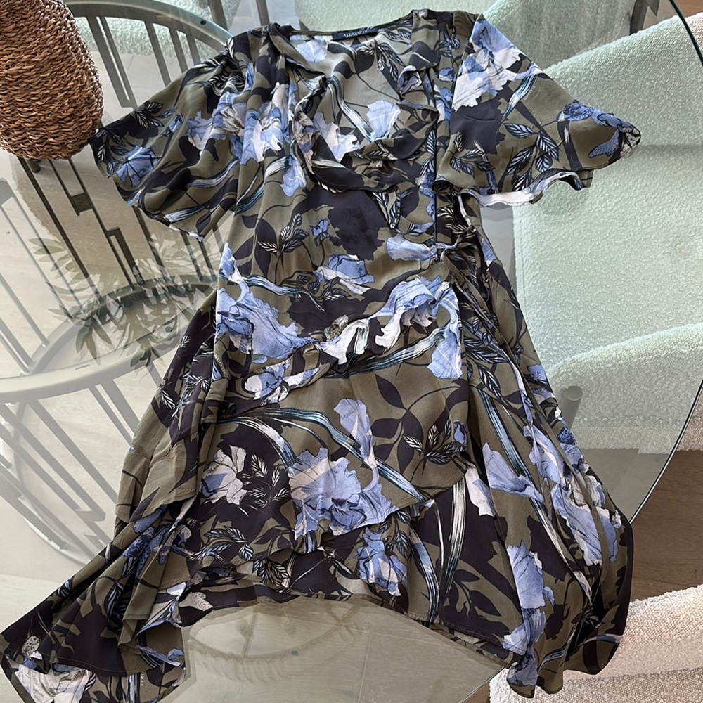 All Saints Blue and Black Asymmetrical Ruffled Wrap Dress